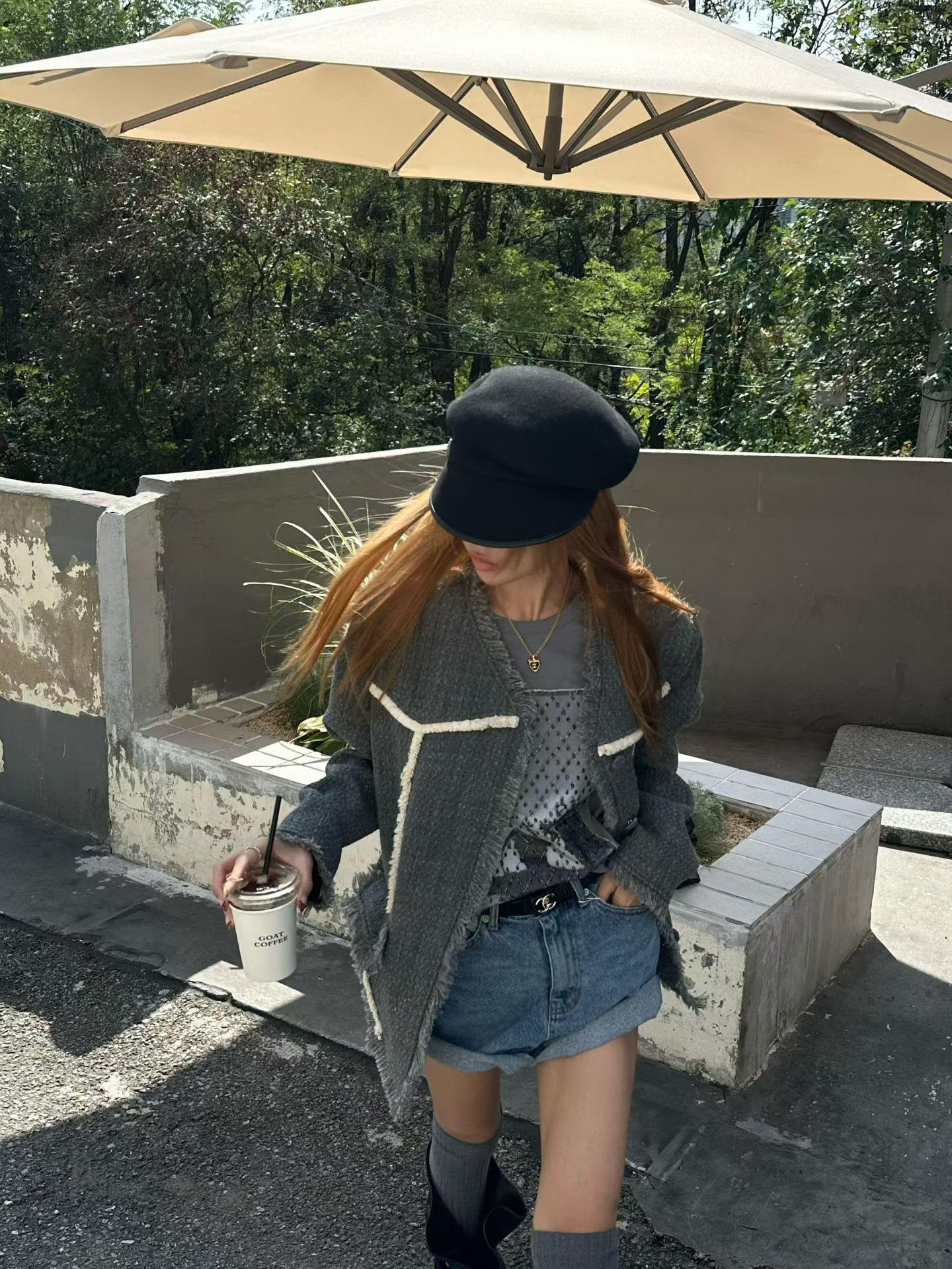 毛邊霧面小香中長外套